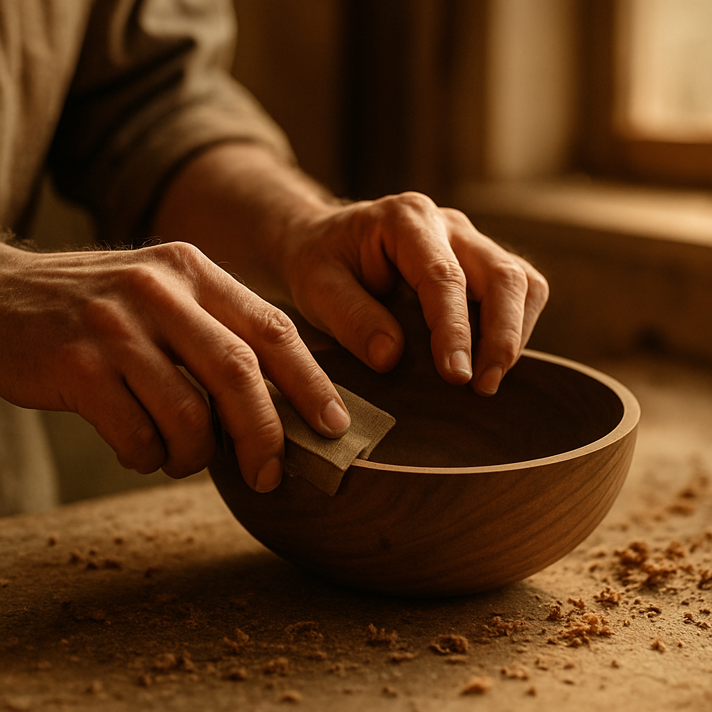 An artisan sanding a handcrafted walnut bowl in a sunlit workshop